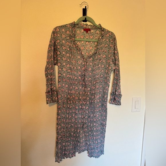 Nila Rubia Indian Cotton Crinkle Gauze Floral Midi Dress Bell Sleeve Medium EUC - Picture 2 of 8